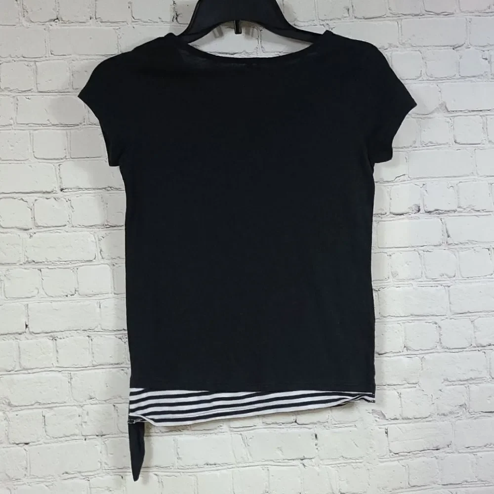 Justice Black Sequin Knit Top Stripe Hem Side Knot Tee Girls Size 10 Trendy Soft